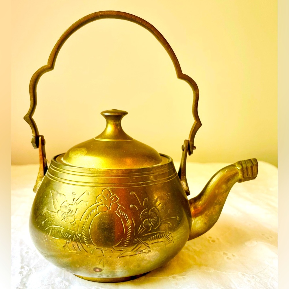 Vintage Brass Floral Etched Teapot